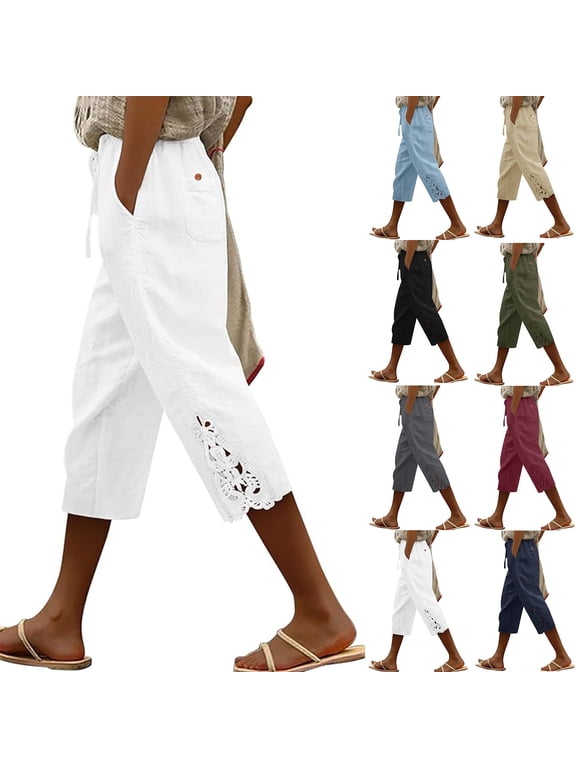 Women Soft Cotton Blend Relaxed Fit Cropped Capris, Button Front Bandage Waist with Pockets, Solid Stretch Pull On Casual Pants, Versatile for Work Office Daily Walks | TruBelle,Beige M
