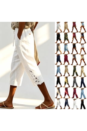 Women Soft Cotton Blend Relaxed Fit Cropped Capris, Button Front Bandage Waist with Tummy Control Stretch Side Pockets, Pull On Casual Summer Pants, Versatile for Work Office