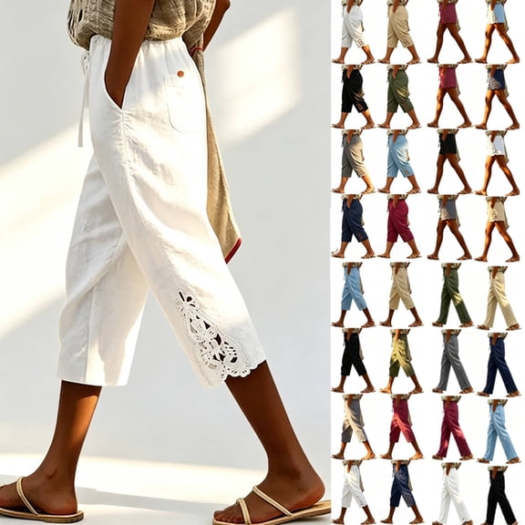 Summer Capris for Women, Women's Soft Cotton Linen Loose Cropped Capris, Bandage Waist with Side Pockets, Pull On Women Pants for Work Office