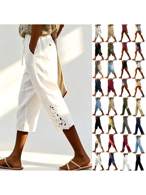 Women's Cotton Linen Capris, Drawstring Elastic Waist with Stretch Side Pockets, Pull On Casual Summer Pants for Work| TruHer,Brown M