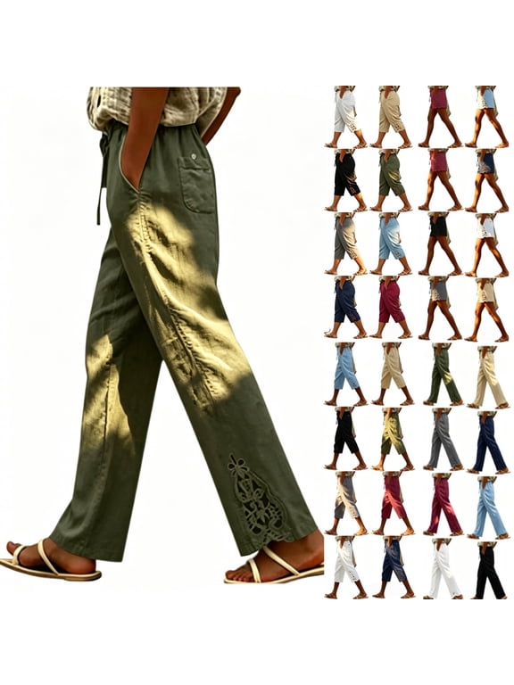 Womens Cotton Pull On Pants, Soft High Waist Ankle Pants, Drawstring Elastic Waist with Side Pockets Casual Summer Trousers| TruHer,White S