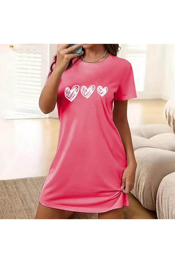 Women Soft Cotton Nightgown Short Sleeve Night Shirts Sleepwear Dress Hot Pink XXL