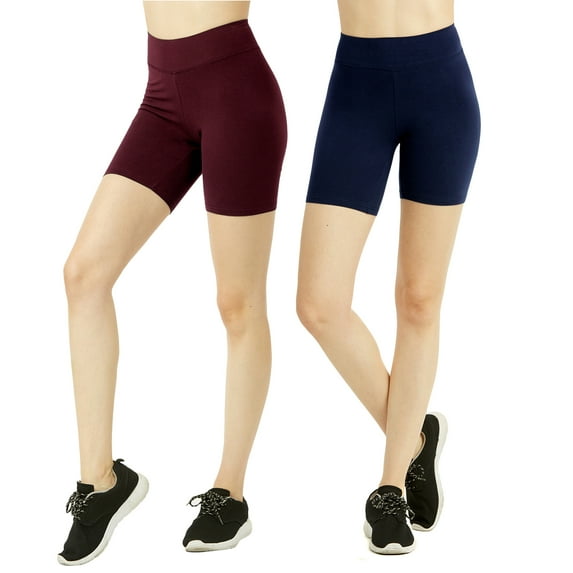 Women Soft Cotton Stretch High Waist Workout Running Yoga 15" Length Shorts with Wide Wastband (2PK-Burgundy/Navy, S)