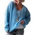 thumbnail image 1 of Women Soft Deep V Neck Drop Shoulder Lantern Long Sleeve Oversized Lazy Fit Solid Knit Sweater Blue S, 1 of 8