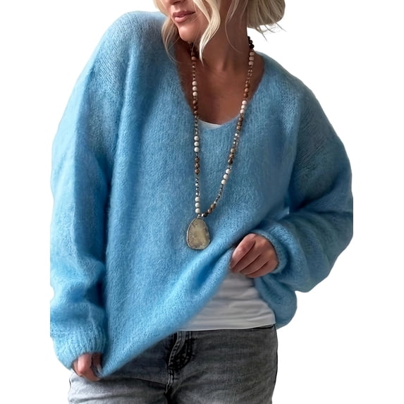 Women Soft Deep V Neck Drop Shoulder Lantern Long Sleeve Oversized Lazy Fit Solid Knit Sweater Blue S