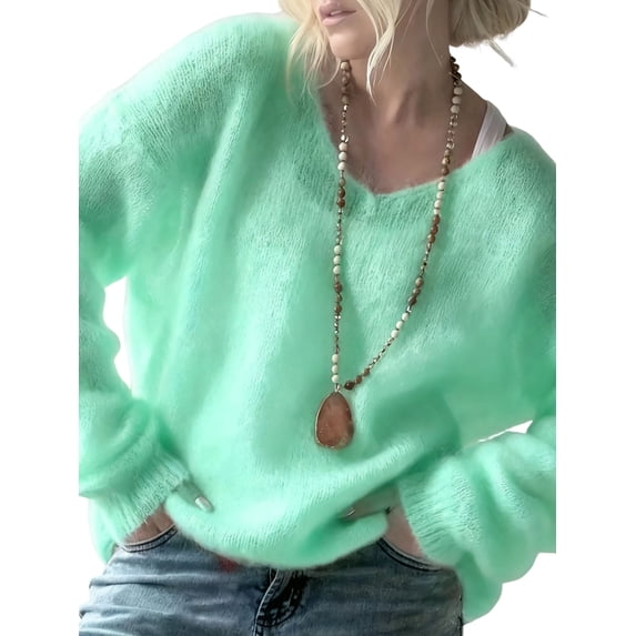 Women Soft Deep V Neck Drop Shoulder Lantern Long Sleeve Oversized Lazy Fit Solid Knit Sweater Green XL