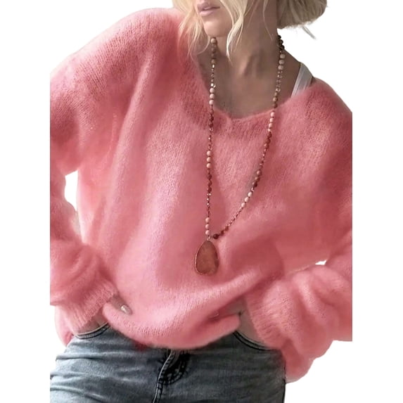 Women Soft Deep V Neck Drop Shoulder Lantern Long Sleeve Oversized Lazy Fit Solid Knit Sweater Pink M