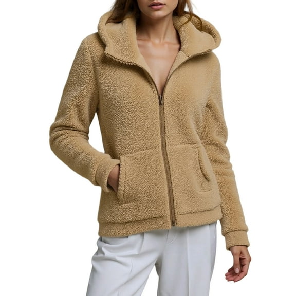 Women Soft Fuzzy Fleece Full Zip Long Sleeve Hooded Jackets Winter Thermal Warm Outerwear Sweatshirt With Front Pockets