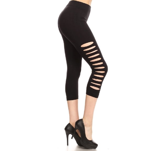 Women Soft High Waist Cut Out Distressed Capri Leggings, Black / Side Hole