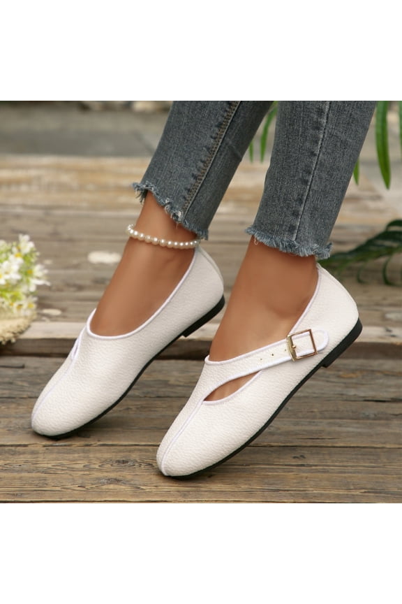 Women Soft Leather Square Buckle Mary Jane Flats Breathable Slip On Casual Daily Walking Shoes