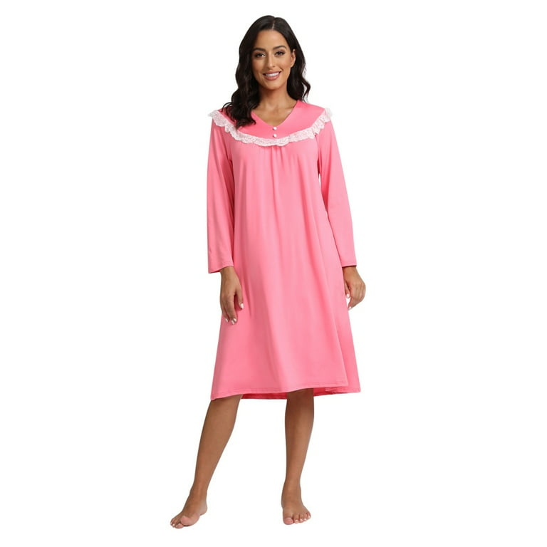 Women Soft Long Sleeve Nightgowns Lace Trim Pajamas Dress House