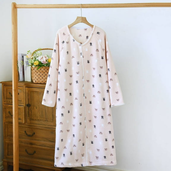 Women Soft Nightgown Crew Neck Long Sleeve Cute Print Loungewear Comfy Loose Casual Fall Winter Pajamas (M, Pink)