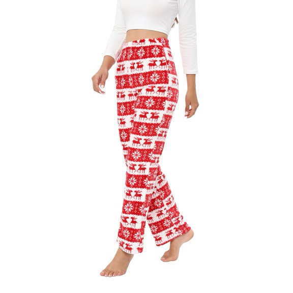 Women Soft Pajama Pants Holiday Christmas Snowflake Elk Print Trousers Winter Warm Plush Fluffy Flannel Pants with Pockets