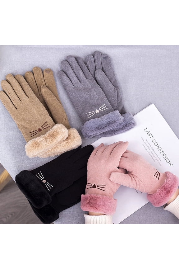 Women Soft Suede Cold Weather Gloves Cute Cat Fleece Lined Winter Thermal Mittens with Faux Fur Cuff
