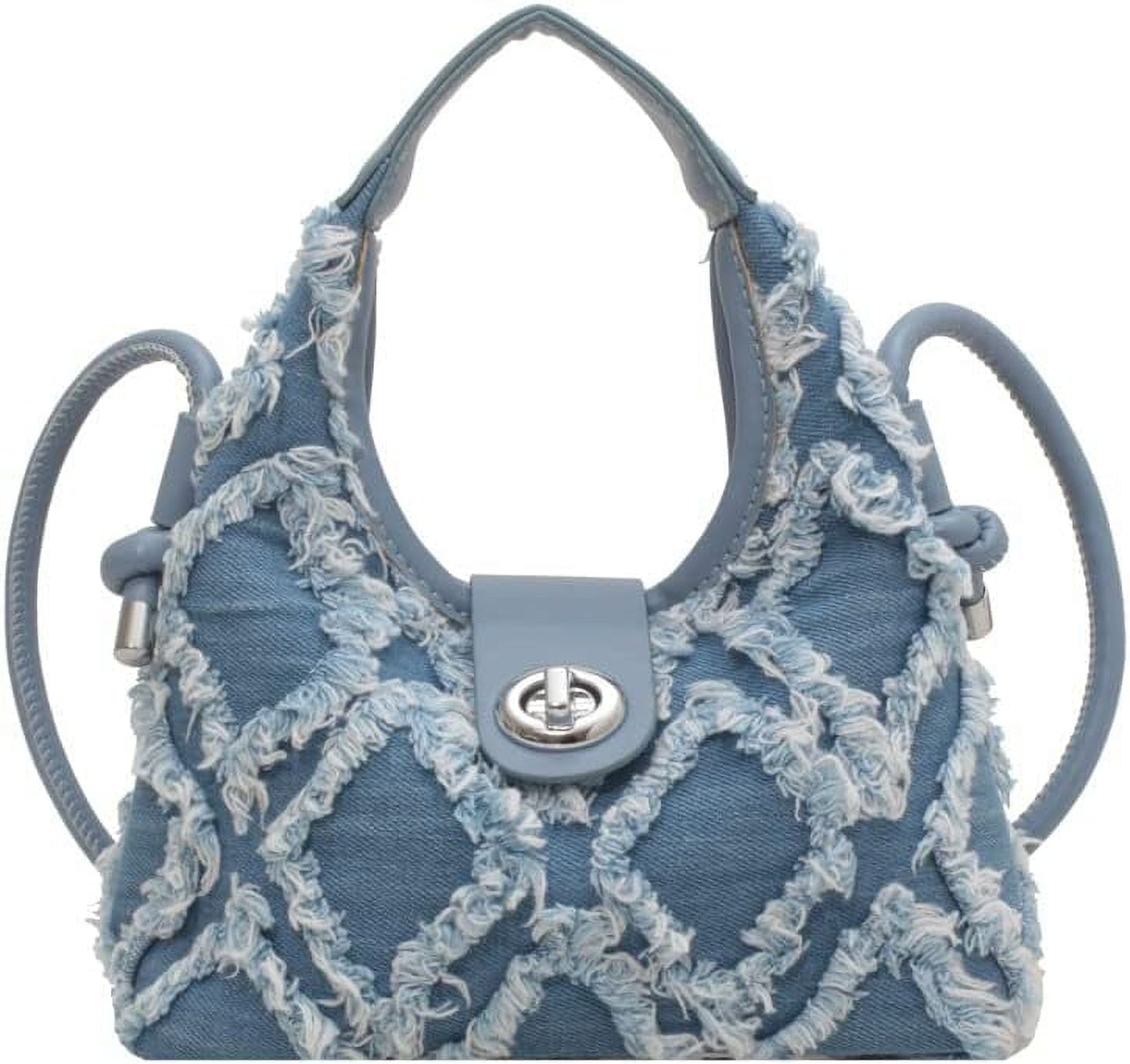 Euphrates Women's Vegan Leather Denim Fringe Shoulder Bag, Blue