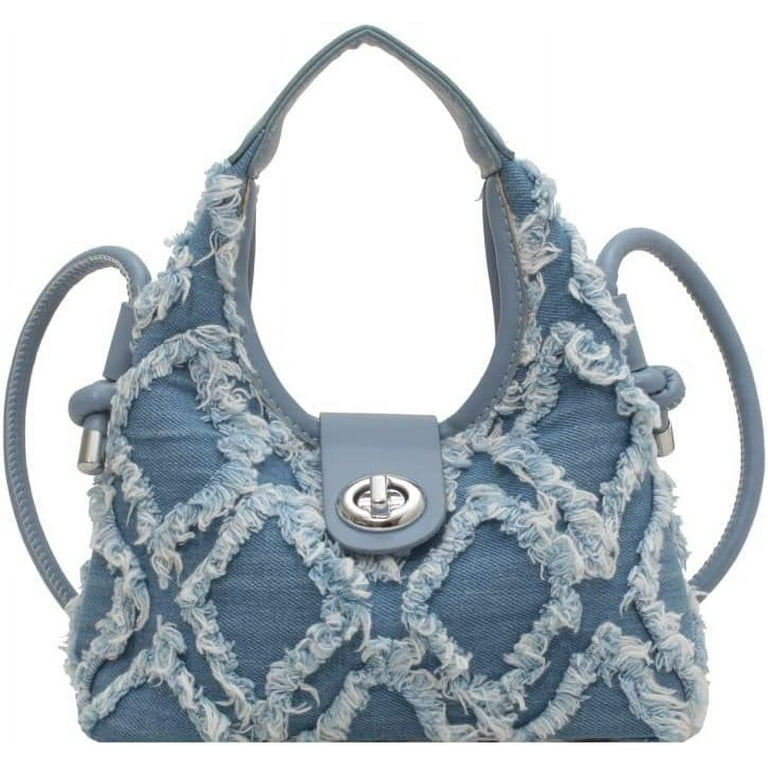 Euphrates Women’s Vegan Leather Denim Fringe Shoulder Bag, Blue