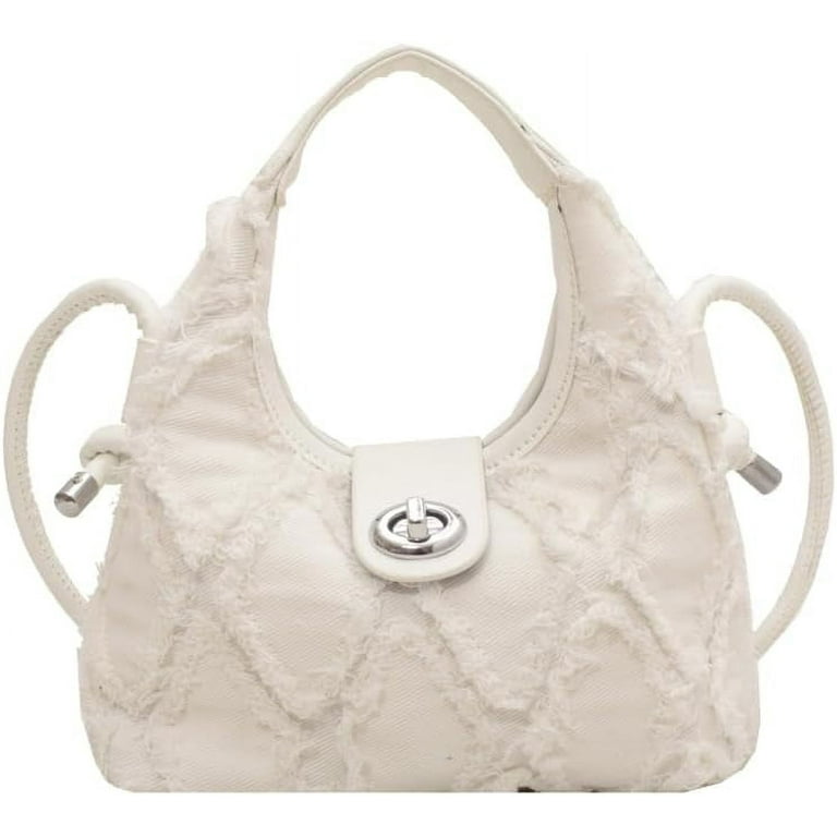 Women Soft Vegan Leather Barrel Bags Large Denim Fringe Hobo Top