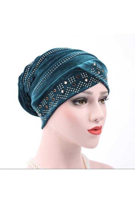 Women Soft Velvet Rhinestones Turban Hat Slouchy Baggy Beanie Hat Head Wrap Caps