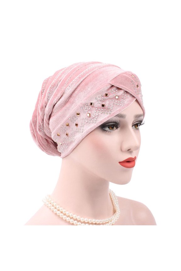 Women Soft Velvet Rhinestones Turban Hat Slouchy Baggy Beanie Hat Head Wrap Caps