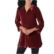 Women Soft Velvet Tops, Cozy Loose Lapel Blouse Button-up Long Sleeve Velour Shirts, Gifts for Mother Mom Shirt