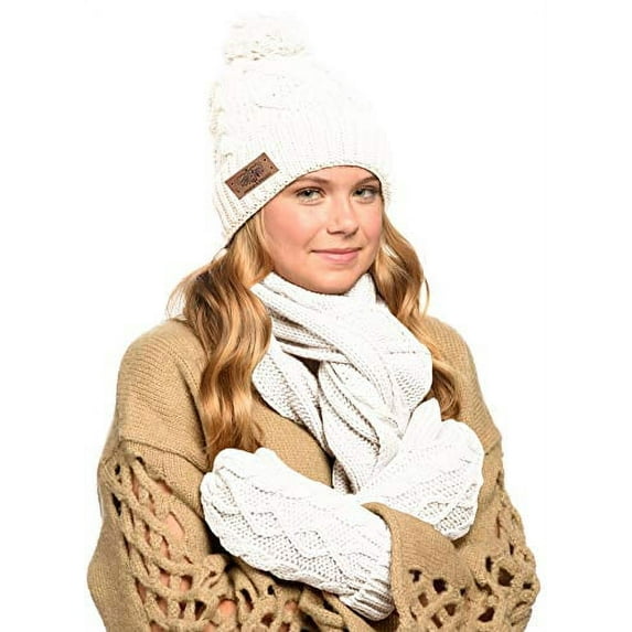 Women Soft Warm Thick Cable Knitted Hat Scarf & Gloves Winter 3 in 1 Sets