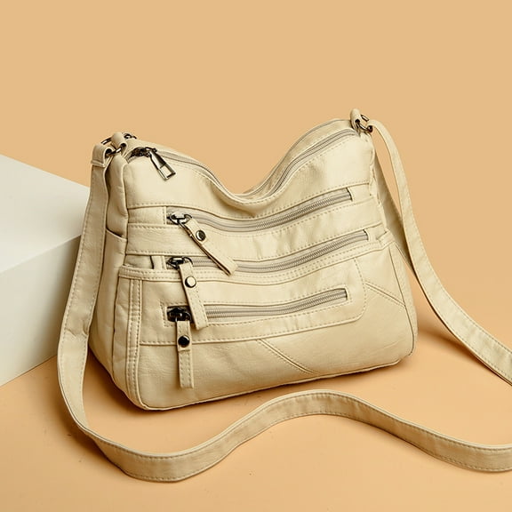 Women Soft Washed Leather Shoulder Bag - Large Capacity Leather Tote For Women - Ladies Shoulder Handbag For Work, Travel, Casual Use -White