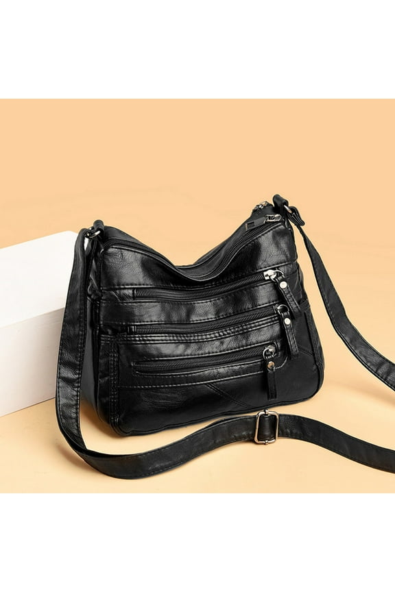 Women Soft Washed Leather Shoulder Bag Multi-Zip Spacious Large Capacity Handbag For Daily Use Travel Work Shopping Necessity