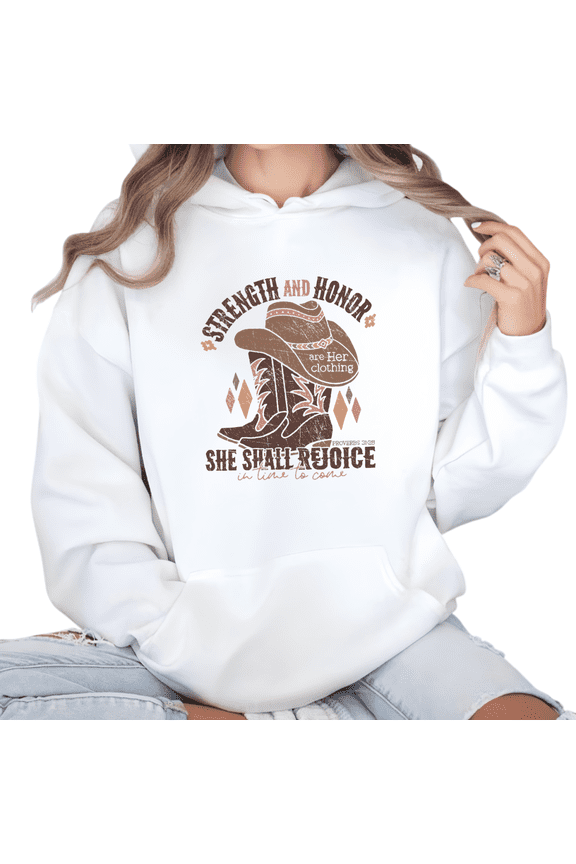 Women Soft and Chic Strength And Honor Cowgirl Graphic Tee T Shirt Top Inspirational Proverbs 31 25 Western Print Hooded long-sleeved White S-2XL