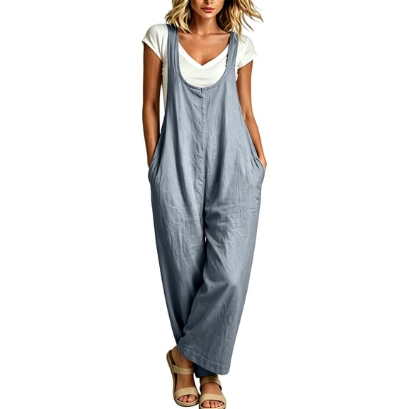 Women Solid Adjustable Strap Overalls Jumpsuit, Wide Leg Loose Casual Bib Pants with Side Pockets Gray XXL(XXL)