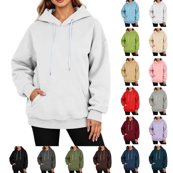Women Solid Basic Loose Hoodie Sweatshirt Trendy-Women's Plain Long Sleeve Pullover Tops with Pockets Fashion XXL