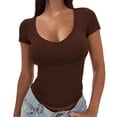 thumbnail image 1 of Women Solid Basic Tops Summer Short Sleeve Deep V Stretchy Slim Fitted Y2K T Shirts Fashion Going Out Layer Shirts, 1 of 6
