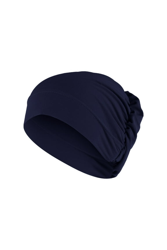 Women Solid Beading Ruffle Cancer Chemo Hat Wrap Cap Scarf Set, M, Navy