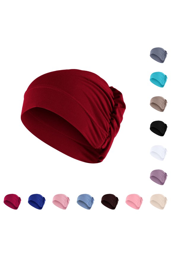 Women Solid Beading Ruffle Cancer Chemo Hat Wrap Cap Scarf Set