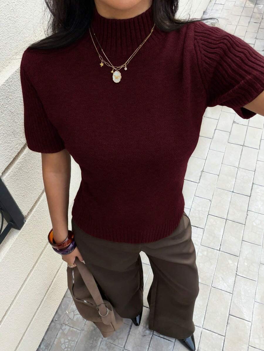 Women Solid Burgundy Short Sleeve Turtleneck Knit Top, Ribbed Texture Mock
