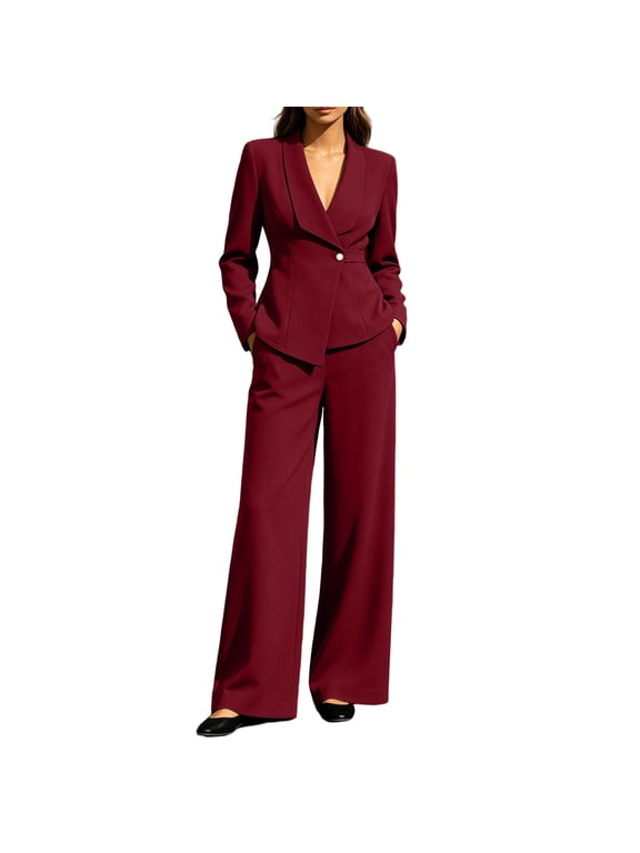 Women Solid Business Suit 2 Piece Set, Lapel V Neck Single Button Fitted Blazer Pantsuits High Waist Wide Leg Straight Pants Elegant Formal Outfit Professional Office Work Sets