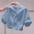 thumbnail image 1 of Women Solid Button Down Short Sleeve Blouse Casual Collared Crop Top Blue M, 1 of 5