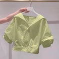 thumbnail image 1 of Women Solid Button Down Short Sleeve Blouse Casual Collared Crop Top Green XXL, 1 of 5