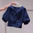 thumbnail image 1 of Women Solid Button Down Short Sleeve Blouse Casual Collared Crop Top Navy M, 1 of 5