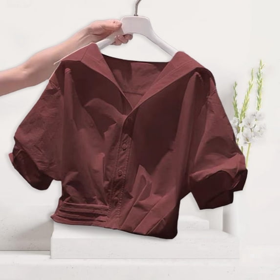 Women Solid Button Down Short Sleeve Blouse Casual Collared Crop Top Red L