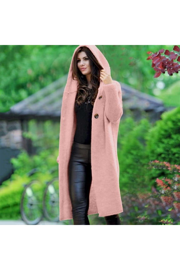 Women Solid Buttoned Sweater Hooded Cardigan Long Sleeve Sweater Coat Thin Wool Jacket Women X Small Long Dress Cardigan Long for Women Fuzzy Cardigan Sweater Womens Fall Coat plus Size Coat Winter