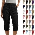 thumbnail image 1 of Women Solid Capris Pentagonal Shorts Pants Elastic Waist Casual Work Clothes Belt Pockets, 1 of 8