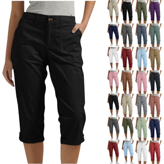 Women Solid Capris Pentagonal Shorts Pants Elastic Waist Casual Work Clothes Belt Pockets