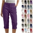 thumbnail image 1 of Women Solid Capris Pentagonal Shorts Pants Elastic Waist Casual Work Clothes Belt Pockets, 1 of 7