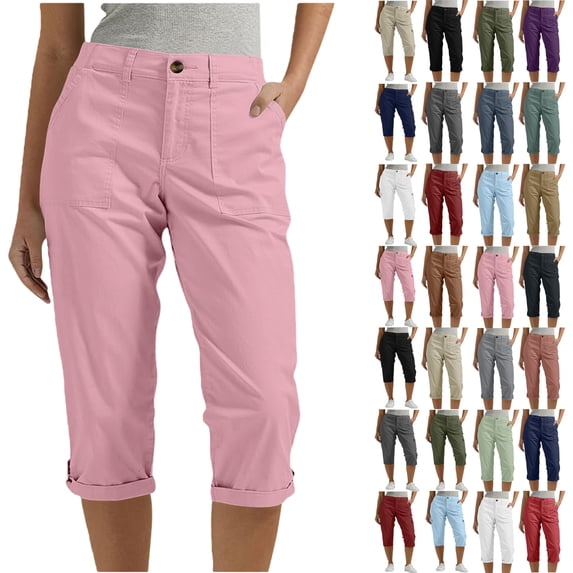 Women Solid Capris Pentagonal Shorts Pants Elastic Waist Casual Work Clothes Belt Pockets
