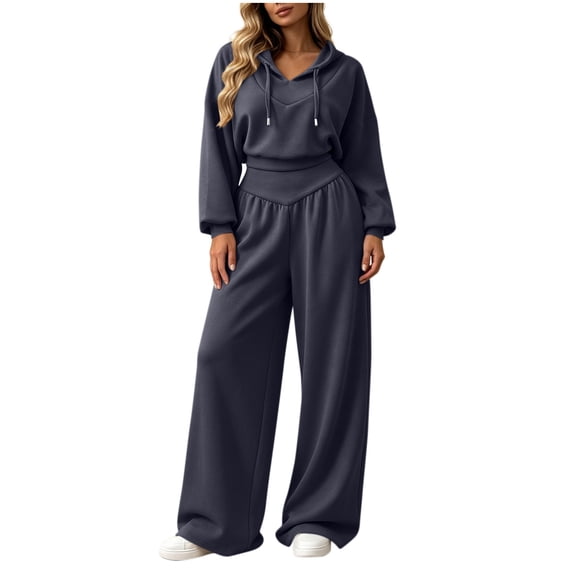 Women Solid Casual 2 Piece Outfit, Long Sleeve Hooded Sweatshirt & High Waist Wide Leg Pants Loose Lounge Tracksuit Set for Daily Wear Navy XL(XL)