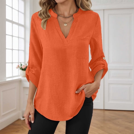 Women Solid Casual Button V Neck Pocket Long Sleeve T Shirt Top