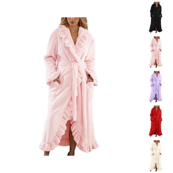 Women Solid Casual Flannel Robe Long Sleeve Thermal Bathrobe Elegant Loungewear Kimono Housecoat For Home Comfort