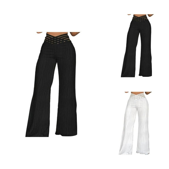 Women Solid Casual Hollow Mesh High Waisted Wide Leg Pants Elastic Waist Loose Pants Womens Casual Capri Pants