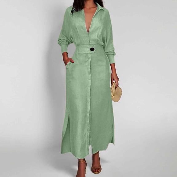 Women Solid Casual Tie Waist Long Sleeve Deep V Neck Dress Casual Maxi Dress for Women Dresses for Casual Dresses for Beaches Shirt Dress Women plus Size Summer Dress for Women Casual Maxi Dresses for