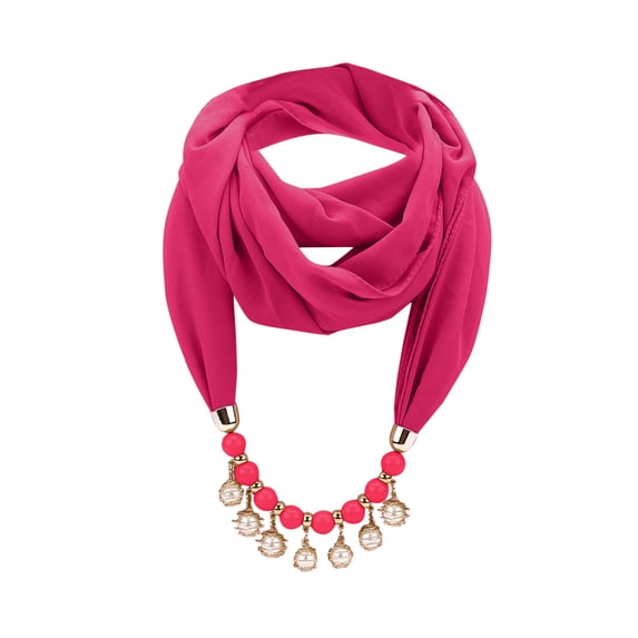 Women Solid Chiffon Necklace Scarf, Elegant Pearl Crystal Beaded Pendant Decor Lightweight No-Tie Jewelry Neck Wrap Fashion Accessory for Daily Outfits
